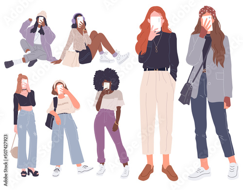 Group of blogger girls with smart phones. Isolated vector illustration on white background.