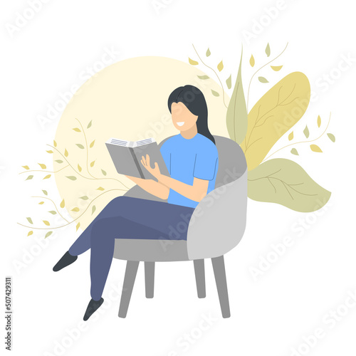 Woman sitting on a chair and reading a book.