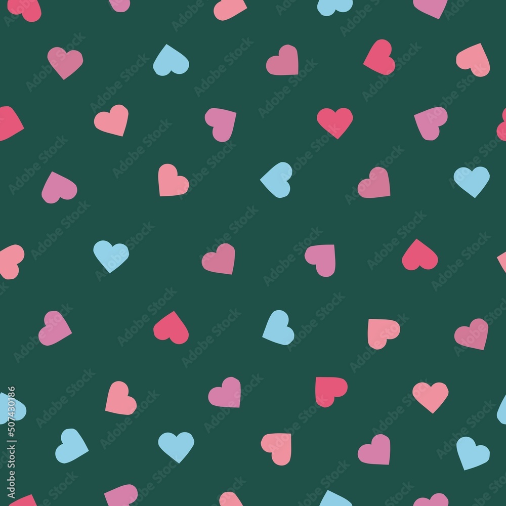 A simple pattern of hearts. little pink and blue hearts. dark green background. Fashionable print for textiles, wallpaper and packaging.