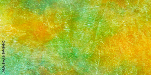 Painted neon green, yellow and orange lights watercolor background with watercolor stain and grunge texture, scratched and grainy background of multicolored painted wall, Colorful painting for desgin.