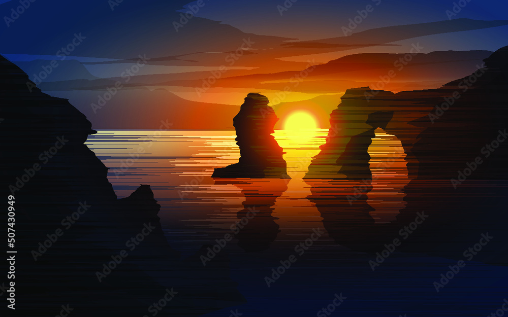 silhouette of rocks in the beach at sunset