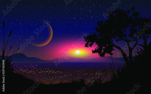 night landscape with moon and tree