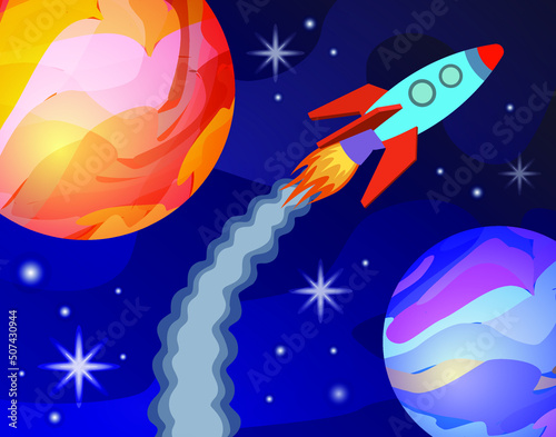 Rocket in a space, vector cartoon illustration, Blue rocket in a space between planets, flying in front of stars and nebula. Spaceship in a galaxy, fantasy world illustration
