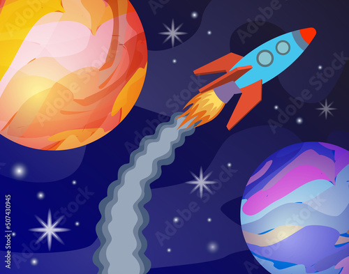 Rocket in a space  cartoon illustration  Blue rocket in a space between planets  flying in front of stars and nebula. Spaceship in a galaxy  fantasy world illustration