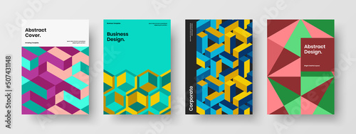 Multicolored mosaic hexagons placard template composition. Vivid corporate brochure A4 vector design layout set.