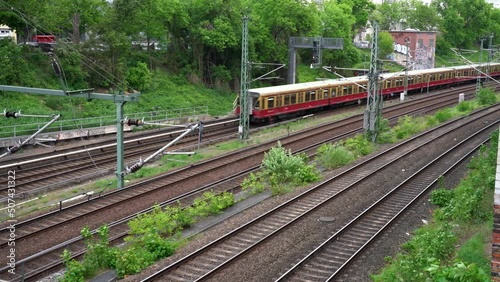 High Angle view of S-Bahn in Berlin. Passing Train. public Transport in Berlin