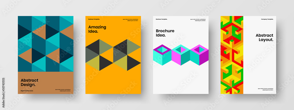 Bright mosaic hexagons annual report template bundle. Amazing corporate identity A4 design vector layout set.