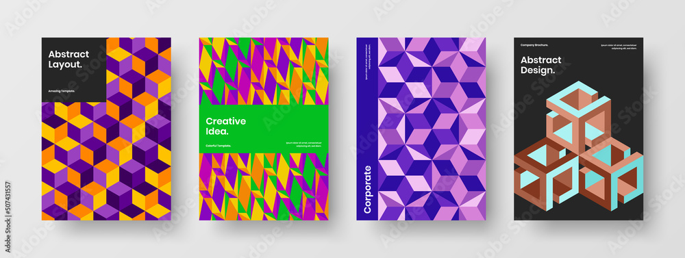 Premium geometric tiles flyer concept collection. Multicolored leaflet A4 vector design layout set. Premium geometric tiles flyer concept collection. Multicolored leaflet A4 vector design layout set.