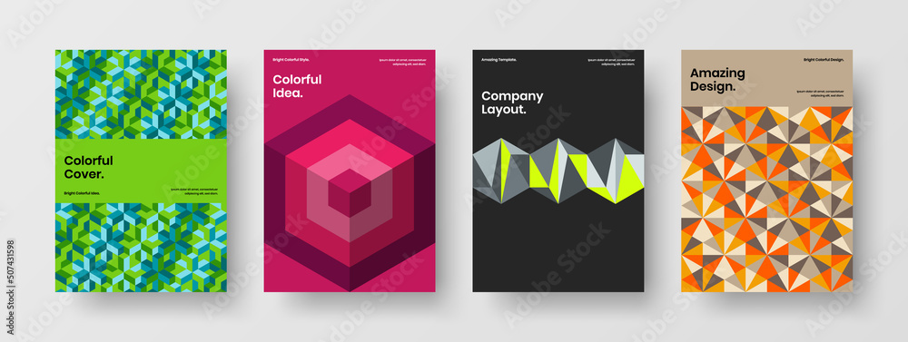 Fototapeta premium Amazing geometric pattern postcard layout set. Creative presentation A4 vector design template bundle.