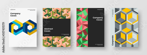 Vivid geometric hexagons corporate cover layout bundle. Creative handbill A4 vector design illustration set.