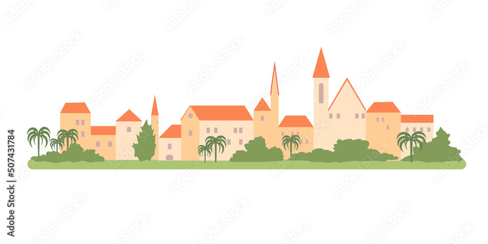 Old town landscape. Houses with red roofs and trees. Vector color isolated illustration.	