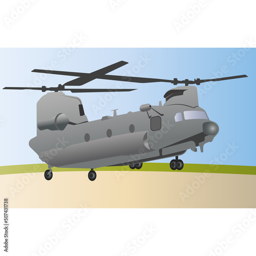 Heavy military transport aircraft on landing. Vector illustration.