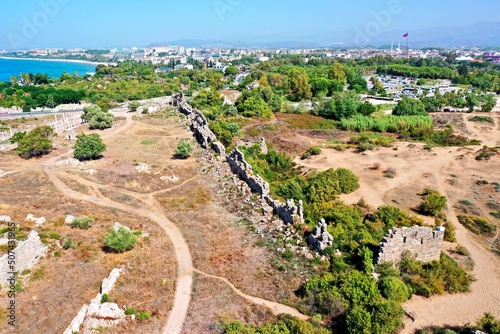 The ancient city of Side. Old city, amphitheater, columned street, city wall. Turkey. Shooting from a drone