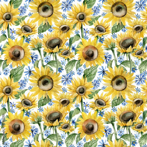 Watercolor seamless pattern with sunflower and cornflower flowers. Pattern for design, fabric, wrapping paper or print. Support and peace for Ukraine.