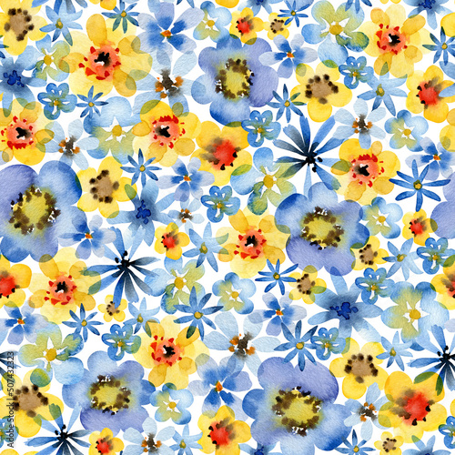 Watercolor seamless pattern with flowers in yellow and blue colors. Ukrainian hand painted pattern for design, fabric, wrapping paper or print. Support and peace for Ukraine.