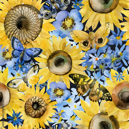 Watercolor seamless pattern with flowers and butterflies in patriotic colors. Ukrainian hand painted pattern for design, fabric, wrapping paper or print. Support and peace for Ukraine.