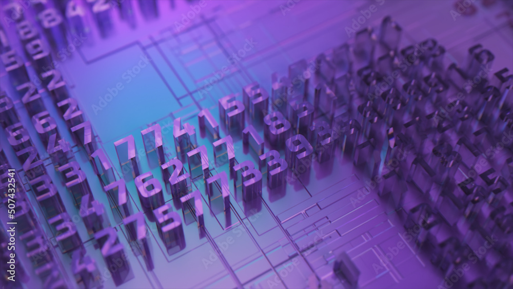 Obraz premium Digital dollar from numbers close-up. Digital dollar. Dollar logo. Microcircuit. Blue purple color. 3d Illustration