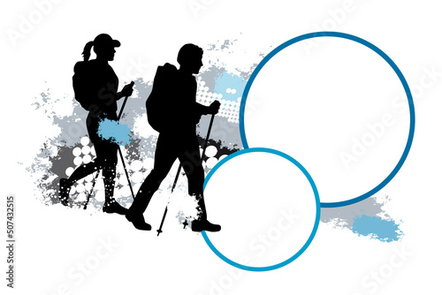 Hiking graphic with dynamic background and buttons.