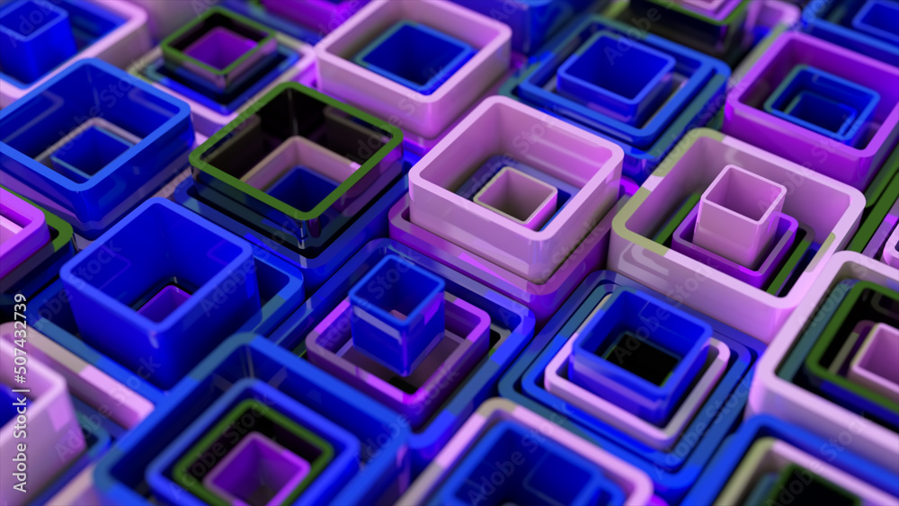 Colored square pipes of different heights are stacked inside each other. Abstraction. Blue purple color. 3d illustration Colored square pipes of different heights are stacked inside each other. Abstraction. Blue purple color. 3d illustration