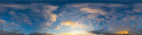 Dramatic sunset sky panorama with Cumulus clouds. Seamless hdr 360 pano in spherical equirectangular format. Complete zenith for 3D visualization, game and sky replacement for aerial drone panoramas