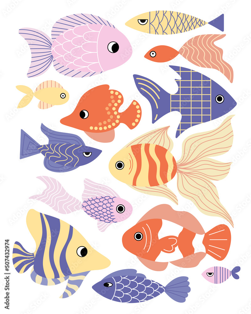 Cartoon sea and ocean underwater fish set. Childish colored flat vector illustration with cute blue, pink, yellow, red, orange and colorful fishes