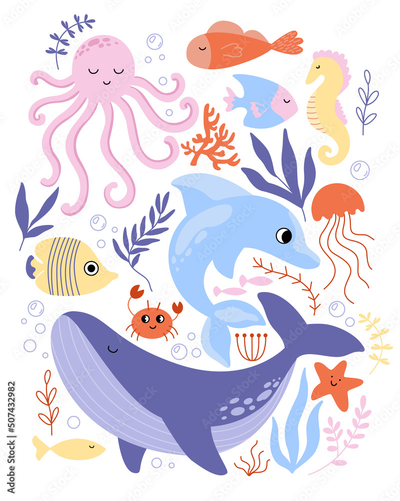 Obraz premium Cartoon sea and ocean underwater animals set. Childish colored flat vector illustration with cute crab, whale, dolphin, octopus and colorful fishes