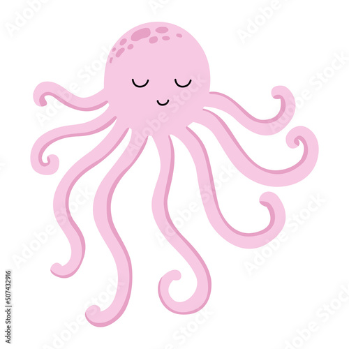 Funny sun pink octopus cartoon character vector illustration in flat cartoon style for your design