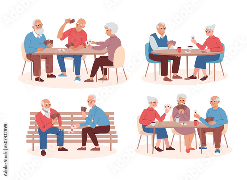 Retirement age people play card board games. Elderly people have fun together playing poker. Old men and elderly women, seniors are friends in a nursing home. Set of flat vector illustrations.