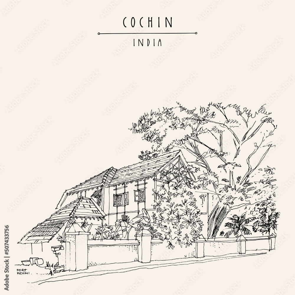 Vector street in Cochin (Kochi), Kerala, South India postcard. Old