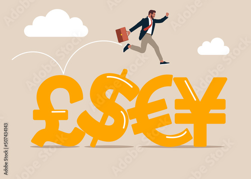 Success entrepreneur wearing suit walking on pound, Japanese yen, Euro and US Dollar money currency symbol. Foreign Exchange trading between currency around the word or investment fund flow concept.