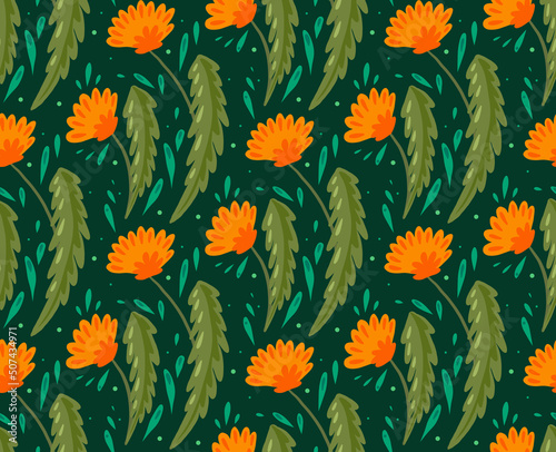 Seamless vector pattern with flat hand drawn dandelions with foliage on a dark green background. Natural texture with flowers.