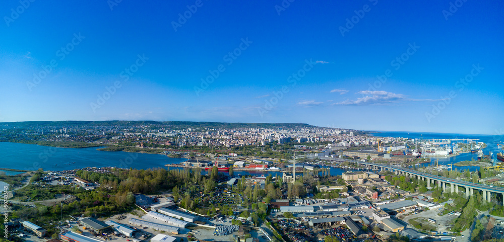 Panorama view from a height of the city of Sozopol with houses and boats near the Black Sea