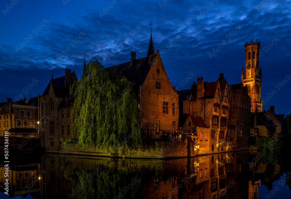 Rozenhoedkaai Bruges, Belgium at dusk