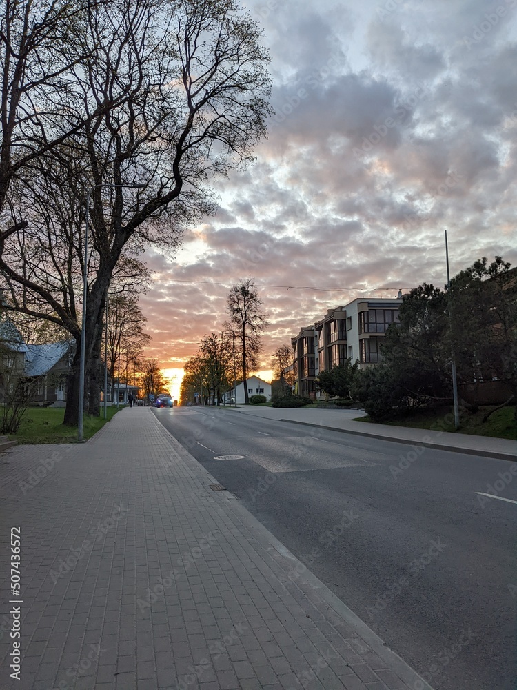 sunset over the city road in spring
