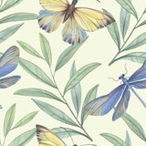 Seamless botanical pattern, graceful leaves and butterflies painted in watercolor. Watercolor illustration processed in a digital program.