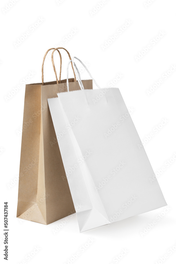 White and brown handle paper bag isolated on white White and brown handle paper bag isolated on white