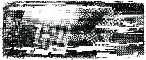 Glitch distorted geometric shape . Noise destroyed logo . Trendy defect error shapes . Glitched frame .Grunge textured . Distressed effect .Vector shapes with a halftone dots screen print texture.