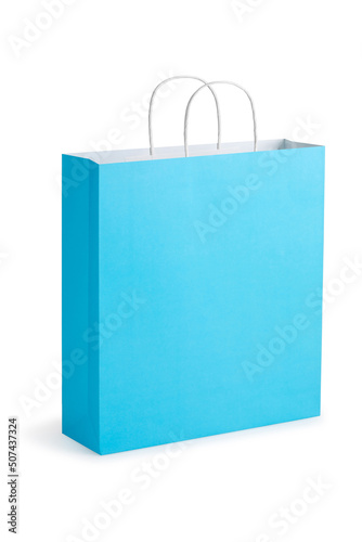 Blue handle paper bag isolated on white