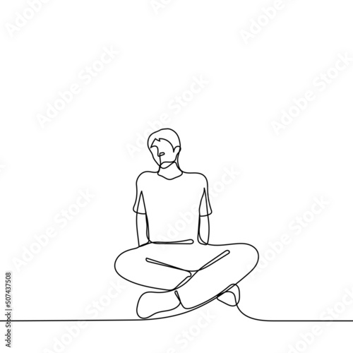 man sits on the floor leaning on his hands behind his back his legs are crossed in a Turkish pose - one line drawing vector. concept sit on the floor, procrastination, laziness, inactivity