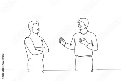 man listens skeptically to the speaker - one line drawing vector. concept joyful speaker gesticulates, advertises something and his listener stands with crossed arms unimpressed by the speech