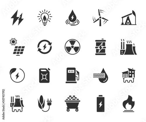 Vector set of energy flat icons. Contains icons hydroelectricity, solar panel, renewable energy, fossil fuels, coal, geothermal energy, biomass and more. Pixel perfect.