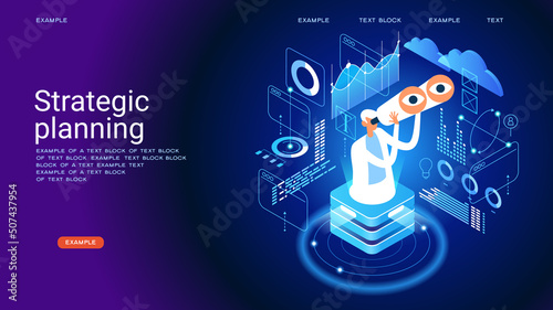Business vision concepts. Man with binoculars surrounded by graphs and charts.