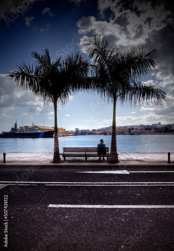 tourist sitting under palm trees enjoying the beautiful views of the pier in Las Palmas de Gran Canaria Spain