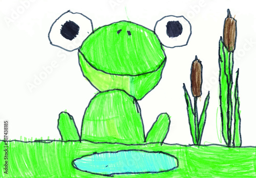 Funny frog by the pond. Drawn by hand with a felt-tip pen  in the style of a children s drawing. 