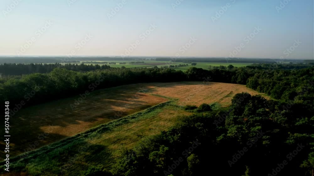 Drone Aerial View: Drone flies in orbit shot around the golden field with sunrise over the forest and meadow, overlooking fields, meadows and woodland. Golden hour summer season Drone Aerial View: Drone flies in orbit shot around the golden field with sunrise over the forest and meadow, overlooking fields, meadows and woodland. Golden hour summer season