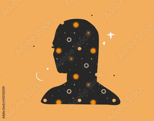 Hand drawn vector abstract stock flat graphic illustration with logo element,bohemian astrology magic art of galaxy space,crescent moon,stars,sun and female silhouette,simple style for branding.