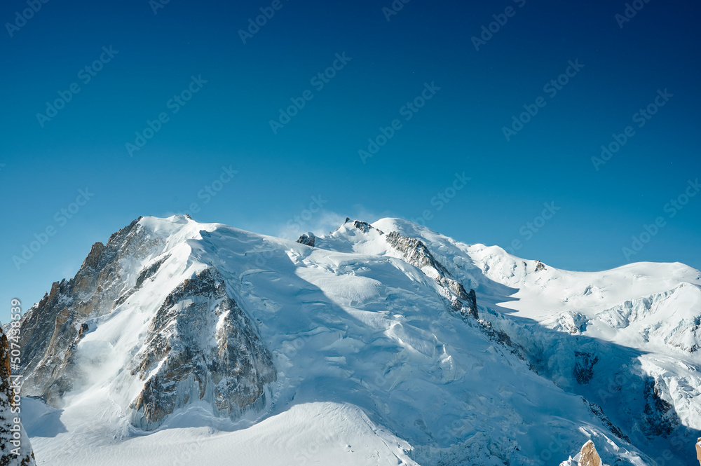 Landscape of  Mont-Blanc peak at the top of Aiguille du Midi in Chamonix Mont-Blanc valley, France