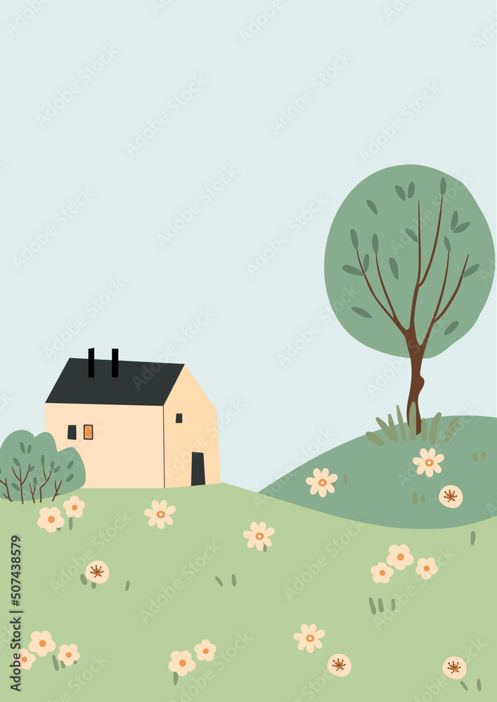 cute house illustration clipart, forest landscape background clipart, forest meadow vector, nature clip art, background for baby shower invitation