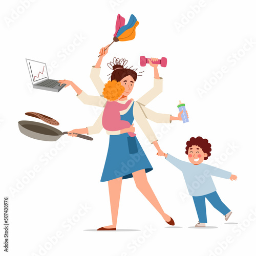 Multitasking mom in the image of Shiva. A woman cooks food, cleans dust, takes care of children and works at a laptop. Vector illustration of a housewife in a flat style.