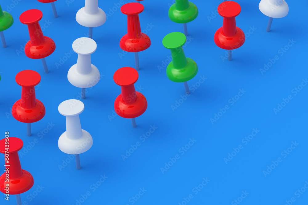 Rows of pinned push pins on blue background. Stationery tools. Office equipment. School education. Copy space. 3d render Rows of pinned push pins on blue background. Stationery tools. Office equipment. School education. Copy space. 3d render